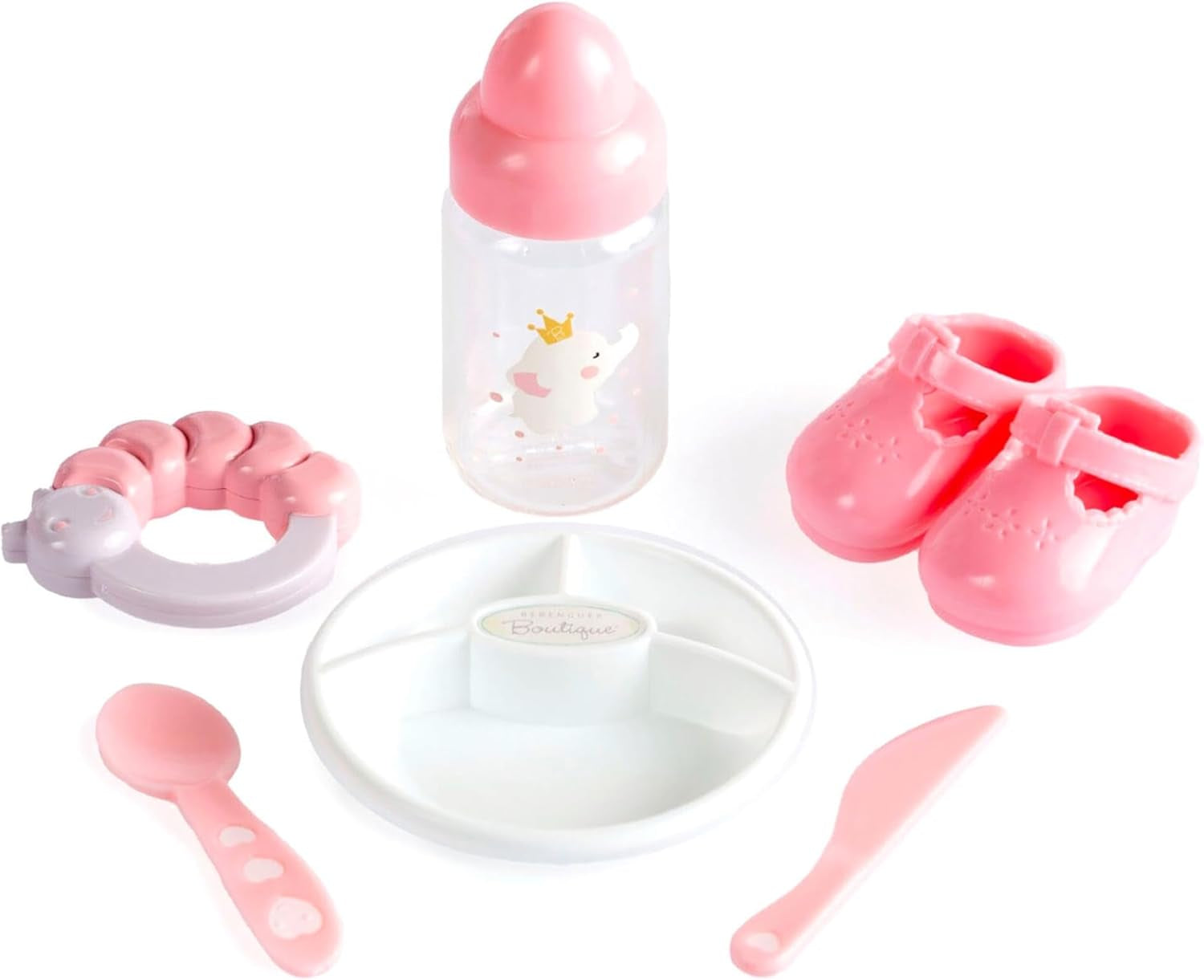 JC Toys- Berenguer Boutique 38 cm-es, valósághű Babystoffpuppe mit open/geschlossenen 10-teiliges Geschenkset mit Flasche, Rassel, Schnuller & Zubehör Rosa From 2 Jahren