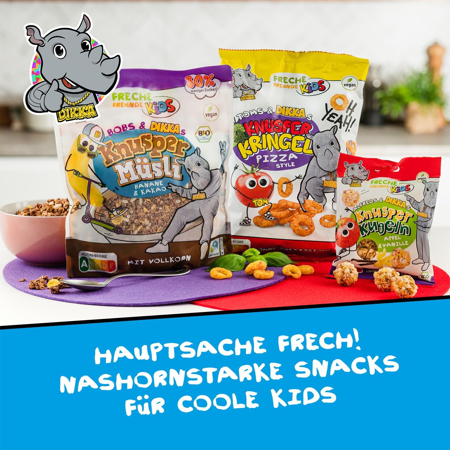 FRECHE FREUNDE KIDS, Bobs & DIKKAs Ropogós banános kakaós müzli, ropogós csokoládé müzli gyerekeknek, alacsony cukortartalommal, adalékanyag nélkül, 100%-ban vegán, 6 darab (6 x 280 g)