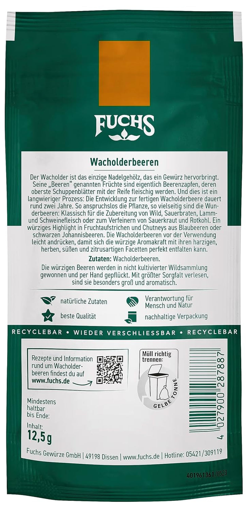Fuchs Gewürze - Wacholderbeeren im wiederverschließbaren, újrahasznosítható Beutel - aus natürliche Hozzávaló - 12,5 g