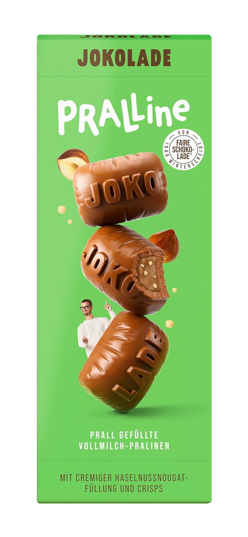 JOKOLADE PRALINE Doboz 80g | Bőséges töltelék mogyoró-nugát krémmel és chipsekkel | Fair trade csokoládé a Joko Winterscheidttől