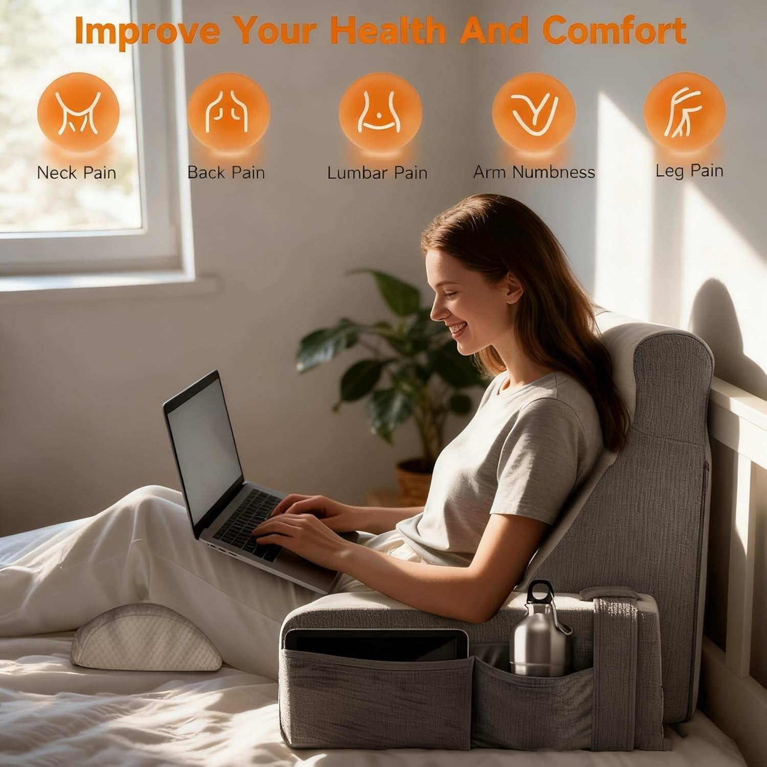 Pernă mare de citit cu suport pentru gât și cotiere detașabile, pernă pentru spate pentru pat, pernă ergonomică pentru spătar cu braț, buzunar și husă lavabilă pentru citit și vizionat la televizor.