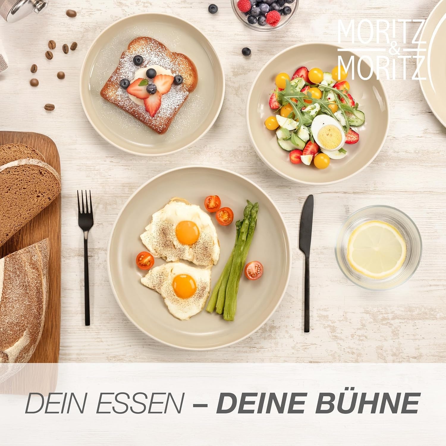 Set de veselă din gresie Moritz & Moritz CAVO pentru 12 persoane, 36 de piese - Serviciu de masă modern în culoarea nisipului - Set combinat ușor de întreținut cu farfurii și boluri - Serviciu de cafea