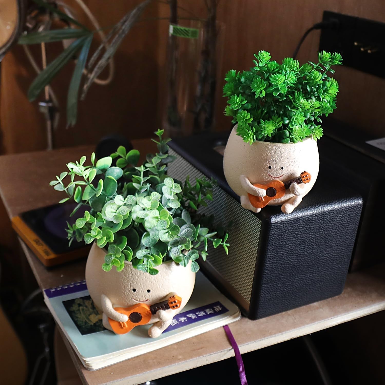 Ghiveci cu față zâmbitoare, cap drăguț din rășină, ghivece pentru coliere de perle, chitară unică, ghivece suculente pentru interior și exterior, idee de cadou, pentru mamă