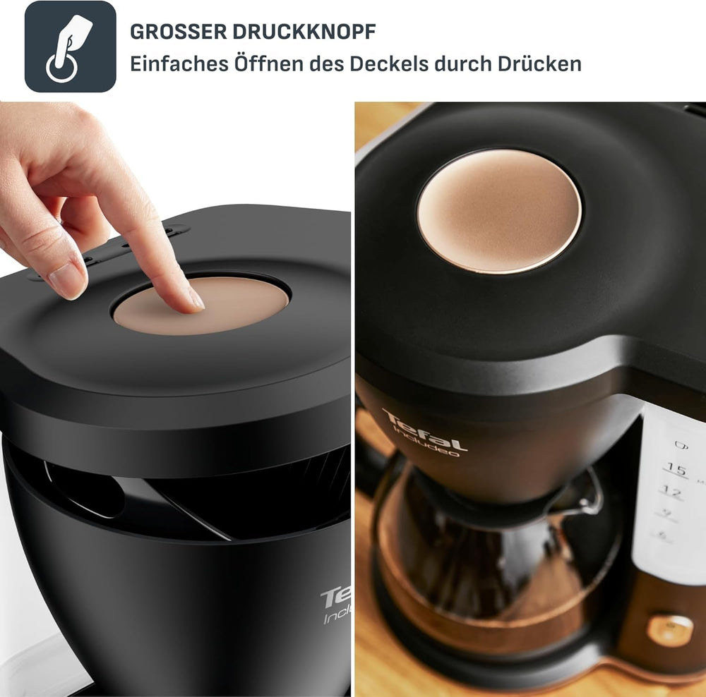 Espressor cu filtru Tefal Includeo, espressor extrem de ușor de utilizat, potrivit pentru dreptaci și stângaci, deschidere automată a capacului, 1,25 l, 10 până la 15 cești, CM533811