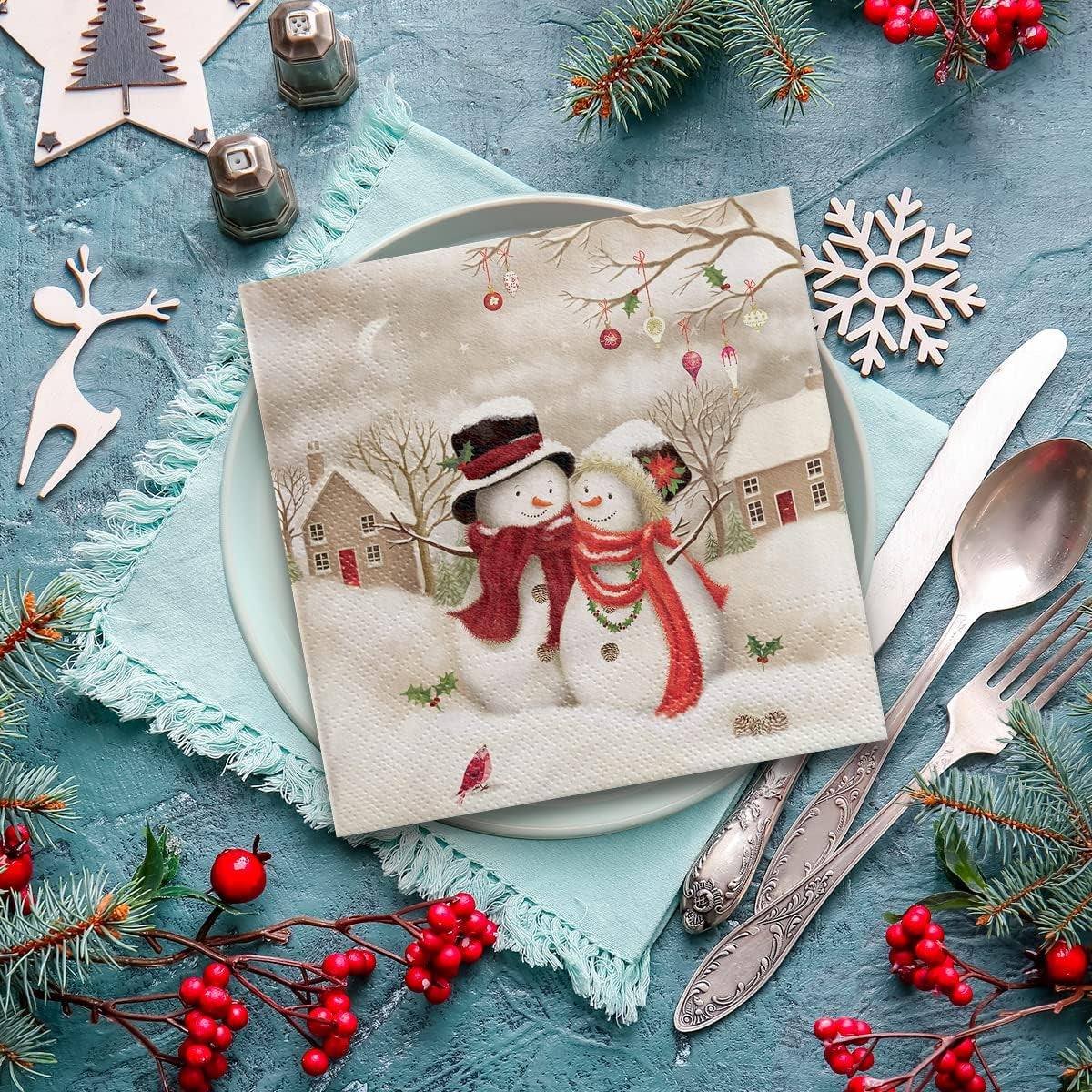 PAW - Șervețele 3 straturi (33 X 33 Cm) I 20 bucăți I Șervețele de hârtie colorate perfecte pentru masa de Crăciun I Șervețele - Crăciun, iarnă, stele, zăpadă, oameni de zăpadă I Familia Snowy