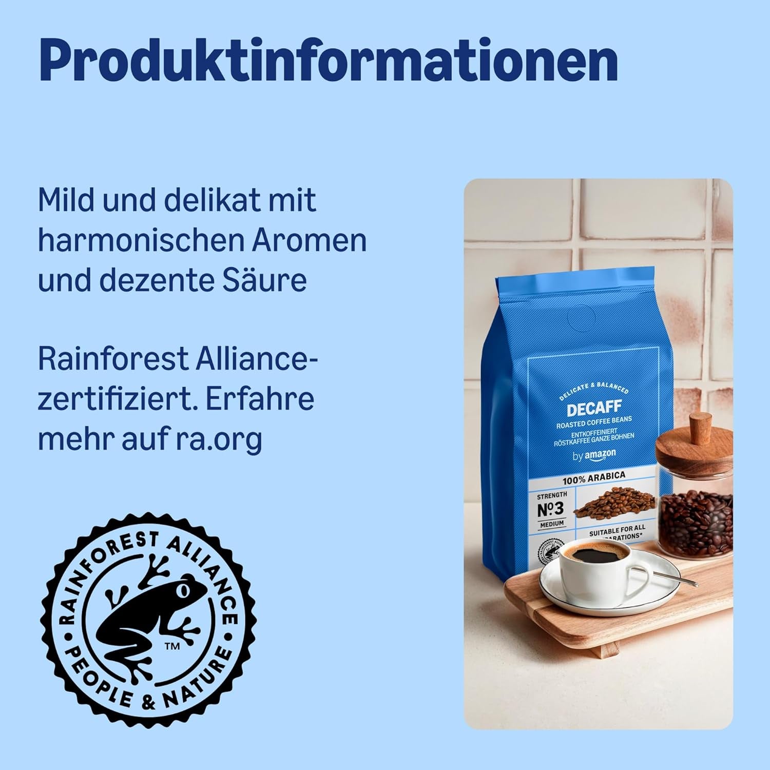 by Amazon Kaffeebohnen, entkoffeiniert, Lichte Röstung, 2 kg (2 Packungen mit 1 kg), Rainforest Alliance zertifiziert