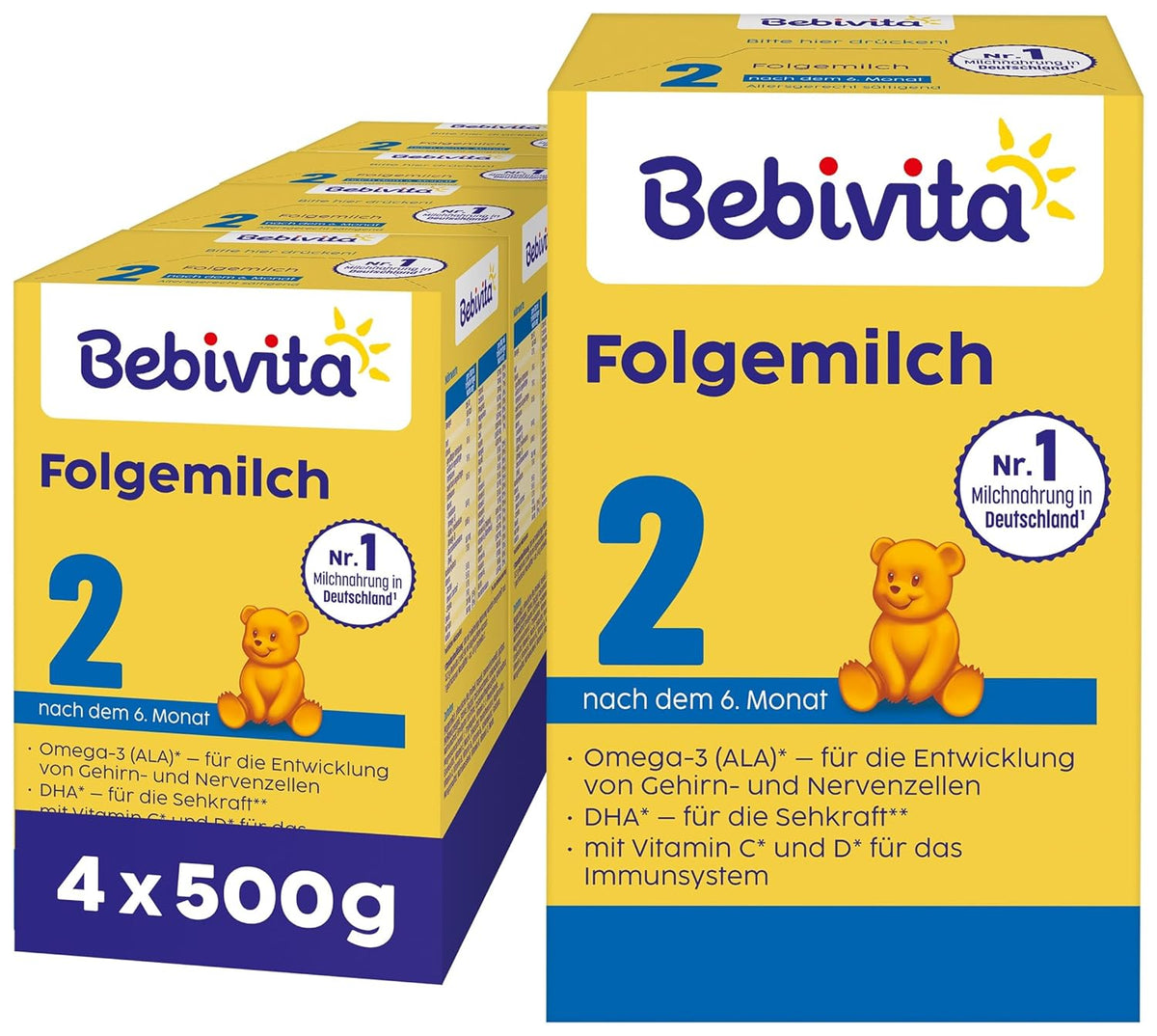 2 Folgemilch (4 x 500 g), nach dem 6. Monat, C- és D-vitaminnal, Omega-3-mal (DHA), más összetétellel