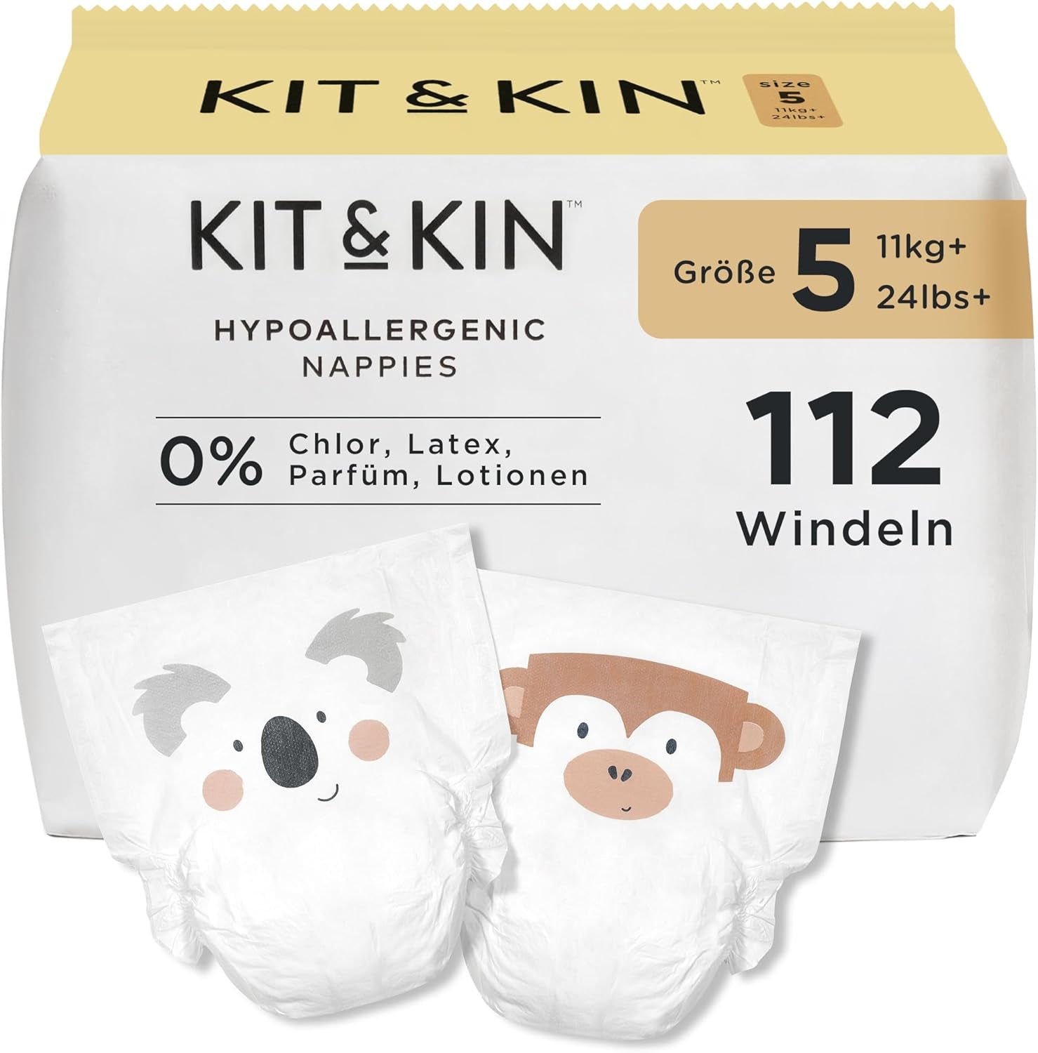 Kit & Kin Premium pelenkák, 4-es méret (9-14 kg), 128-as, növényi alapú és hipoallergén, megbízható szivárgás elleni védelem, vegán és kegyetlenség mentes