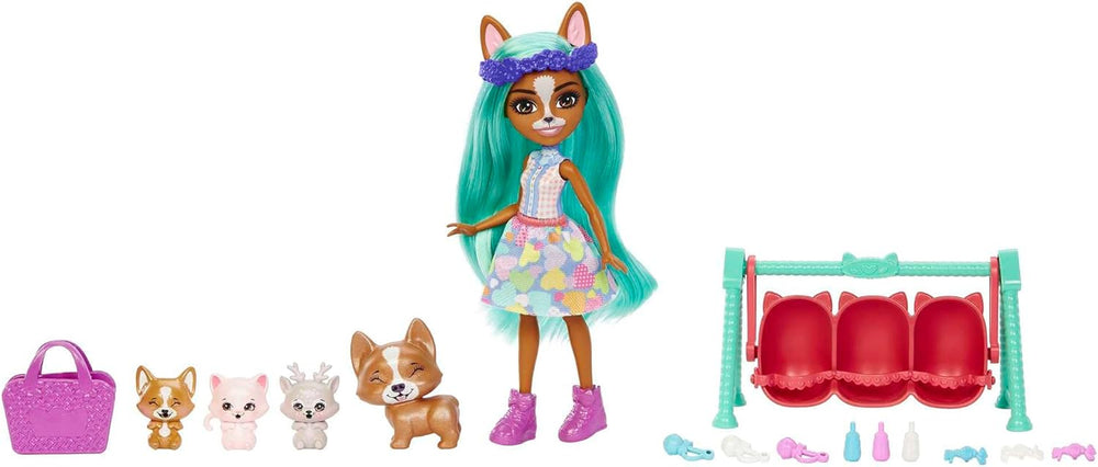 Enchantimals Puppen, Baby Best Friends-Spielsets, kleine Puppe, Freundin-Figur, 3 Tierbabys und Zubehör, Überraschung beim Auspacken, Geschenke für Kinder - HNW97