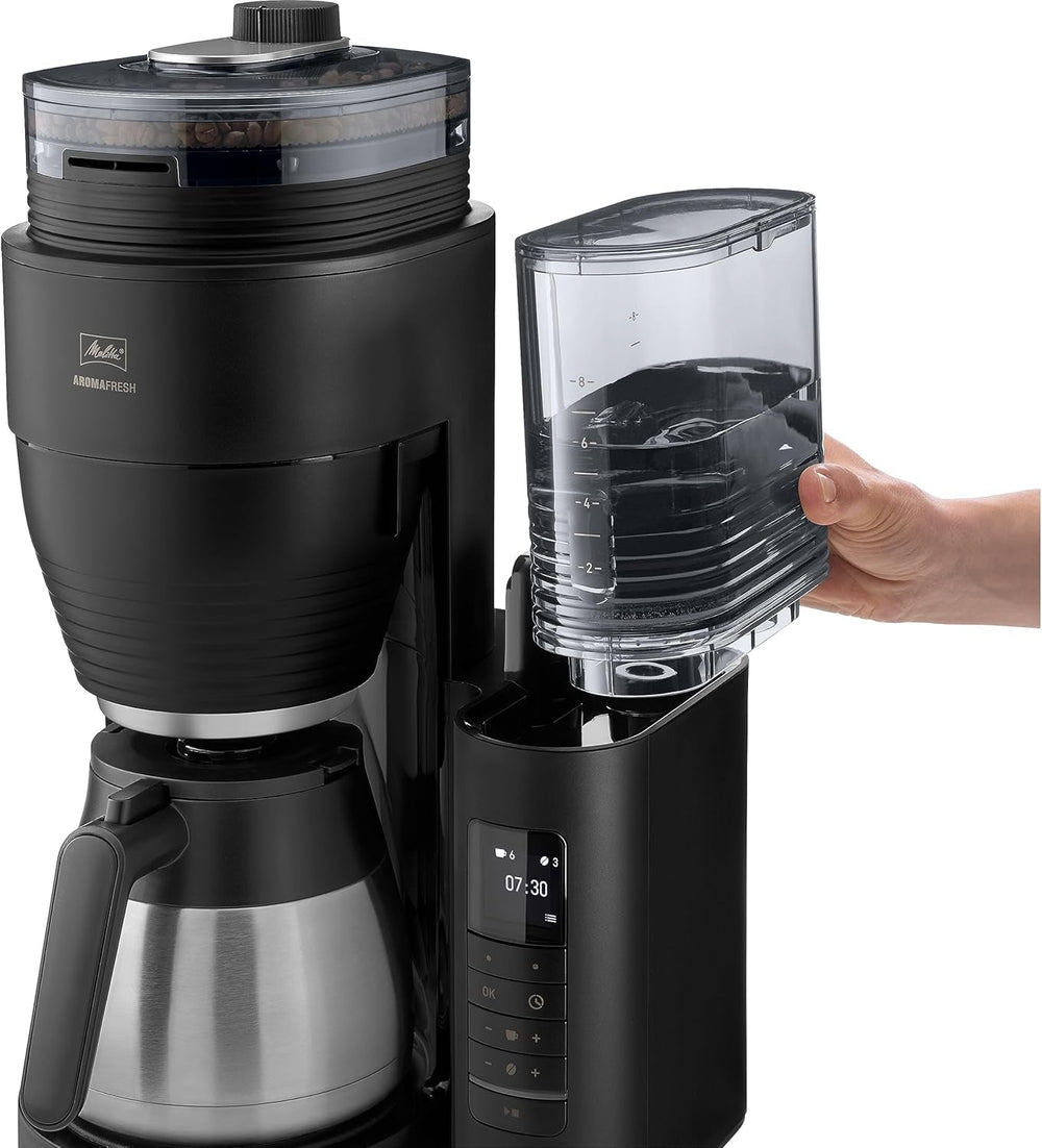 Melitta AromaFresh Therm Pro X – Espressor cu filtru, râșniță integrată, rezervor de apă detașabil, carafă termică din oțel inoxidabil și funcție de temporizator, pentru până la 8 cești de cafea, negru/argintiu