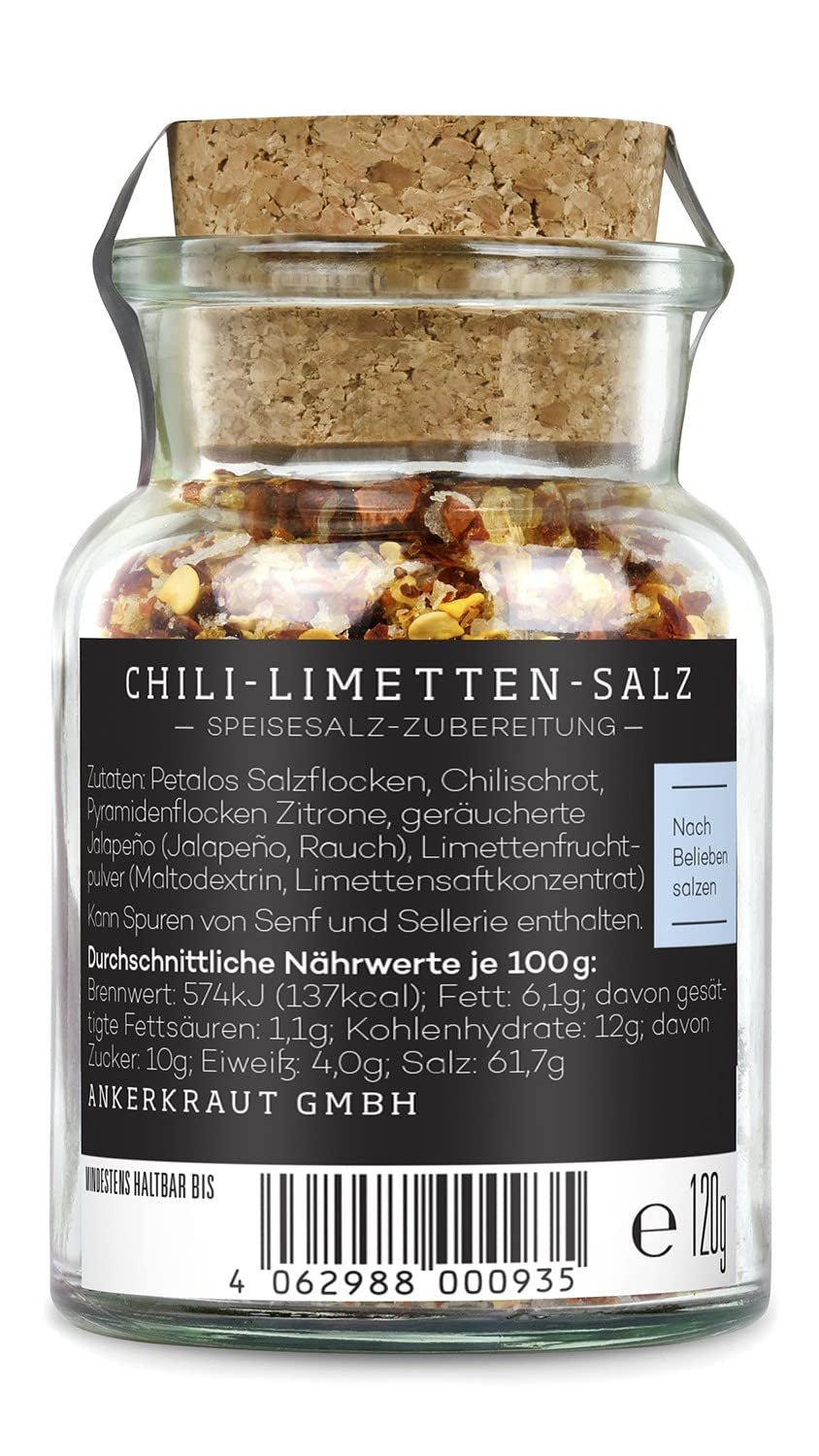 Ankerkraut Chili-Lime-Salz, 70g parafa üvegben, Speise-Salz Mischung für Steak Fisch Salad Asia Gerichte, Allrounder mit Gesmack und Qualität