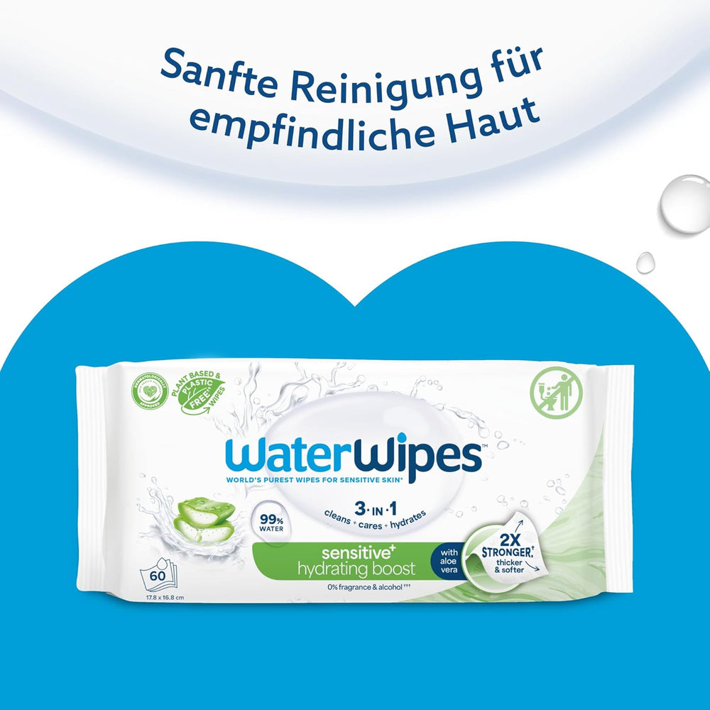 WaterWipes Sensitive+ Hydrating Boost nedves törlőkendők, hidratáló törlőkendők, 720 darab (12 csomag), 3 az 1-ben tiszta, ápoló, hidratáló, 99% aloe vera víz, illatmentes baba törlőkendők