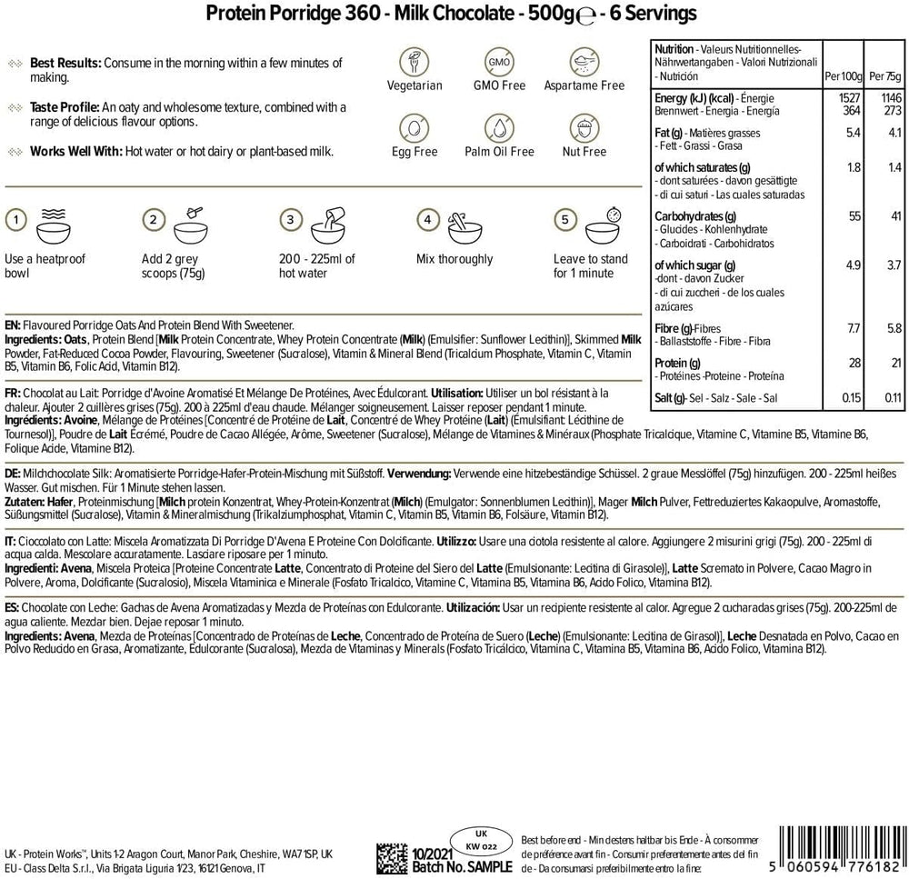Protein Works - Protein Porridge 360 | Mit Zusätzlichen Vitaminen & Mineralien | Proteinreiches Frühstück | Kalorienarme Haferflocken | 6 Servings | Milchschokolade | 500G Cereale Naty Shop