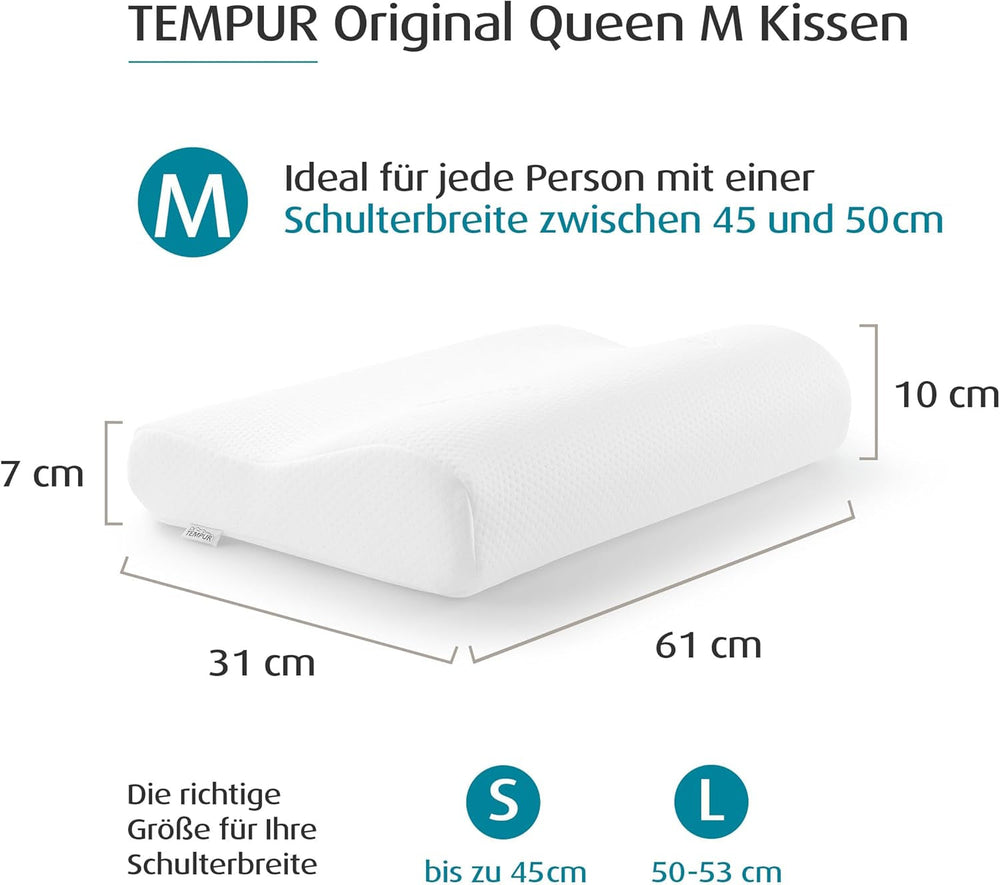 Pernă de dormit TEMPUR Original din spumă cu memorie, pernă ergonomică cu suport pentru gât pentru persoanele care dorm pe o parte și pe spate, senzație fermă, Queen M (61 x 31 x 10/7), alb