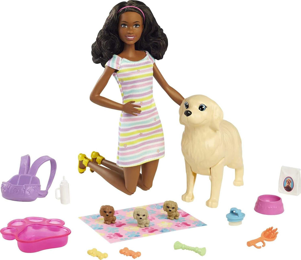 Barbie HCK76 - Welpen-Spielset mit Barbie-Doll (kb. 29 cm, sötétbarna haj), Hündin, die Welpen gebären kann, 3 Welpen & Pflegezubehör, Spielzeug Geschenk für Kinder von 3 bis 7 Jahren