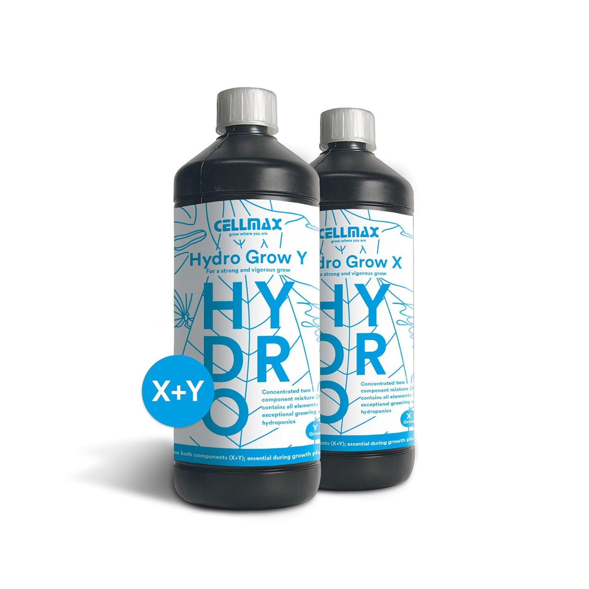 Hydro Grow X & Y | Kétkomponensű tápoldat a növekedési fázishoz | Kifejezetten hidroponikában való használatra készült | Stimulálja az egészséges növekedést a kezdeti fázisban | 1L
