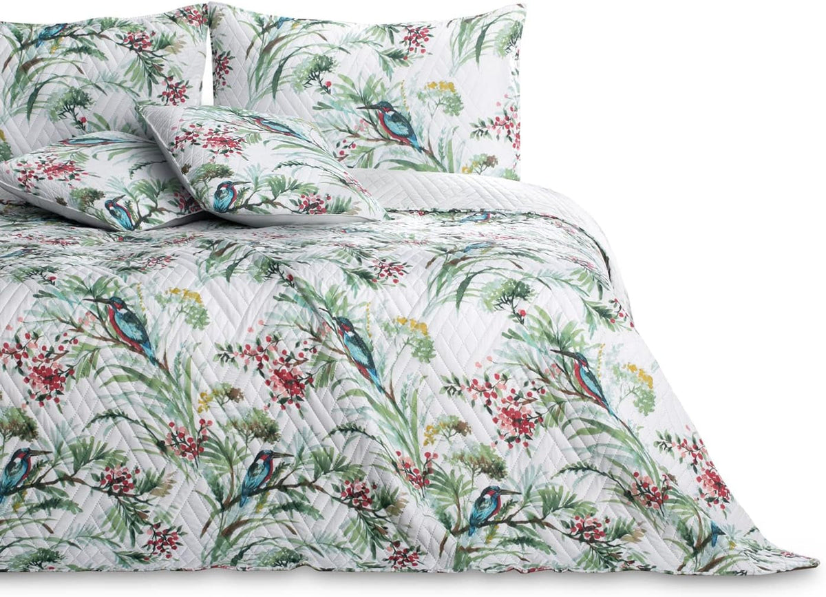 Ameliahome Cuvertură de pat Cuvertură de pat 260X280 Cm Două fețe Easy Care Quilting Model de plante Model de păsări Multicolor Kingfisher Paturi si Cuverturi Besuche den AmeliaHome-Store Kingfisher 260 X 280