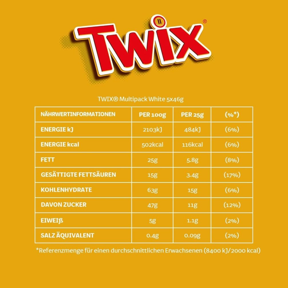 Twix fehér csokoládé; karamell, keksz, fehér csokoládé; több csomag csokoládé; 5 rúd (5 x 46 g)
