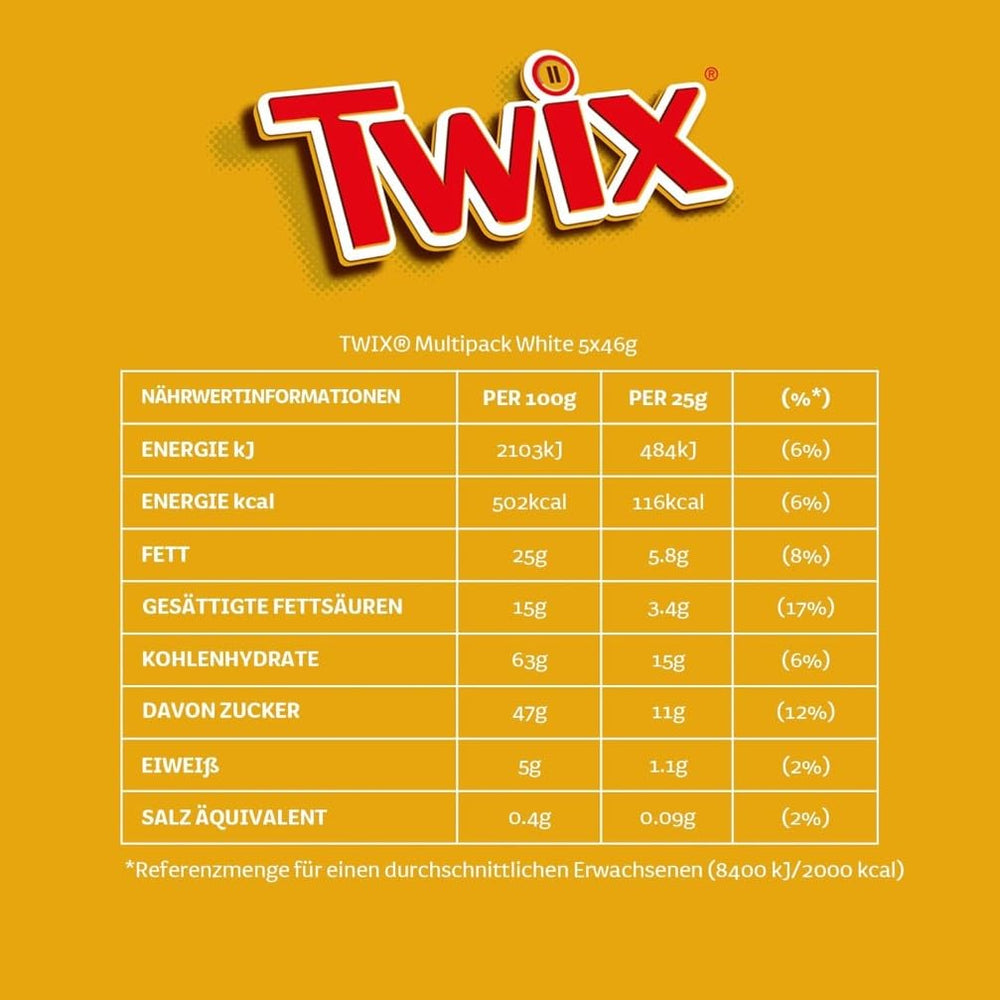Twix fehér csokoládé; karamell, keksz, fehér csokoládé; több csomag csokoládé; 5 rúd (5 x 46 g)