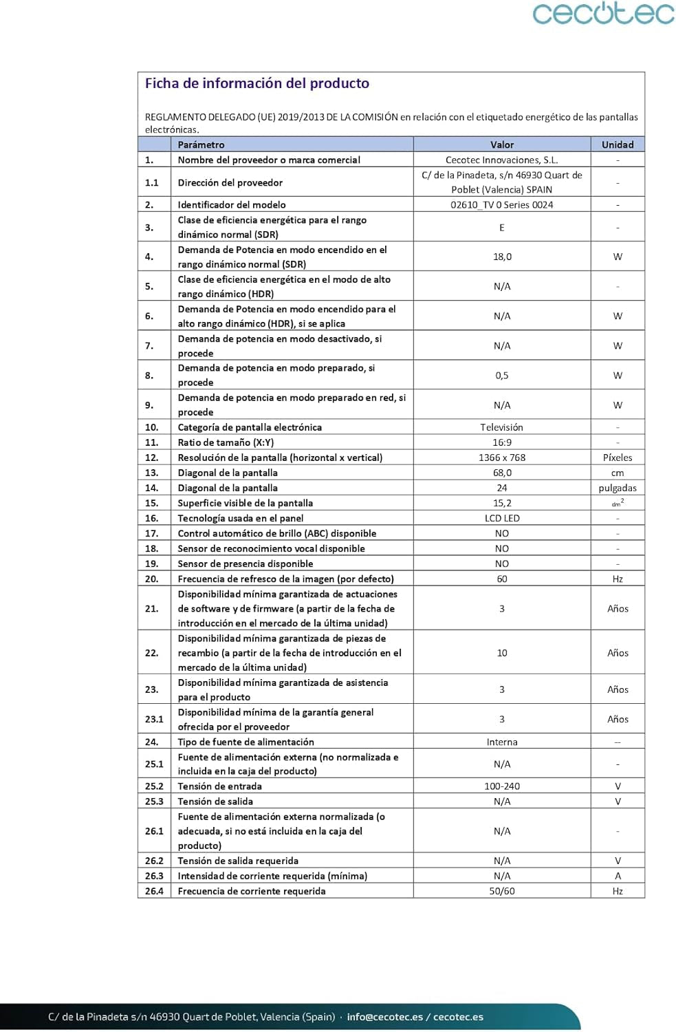 Televizor Cecotec seria 0024, ecran de 24 de inci, HD, rezoluție optimă a imaginii și video, sistem Dolby, memorie flash, port HDMI/USB, telecomandă, clasa E, decodoare DVB_T/T2/C/S/S/S2