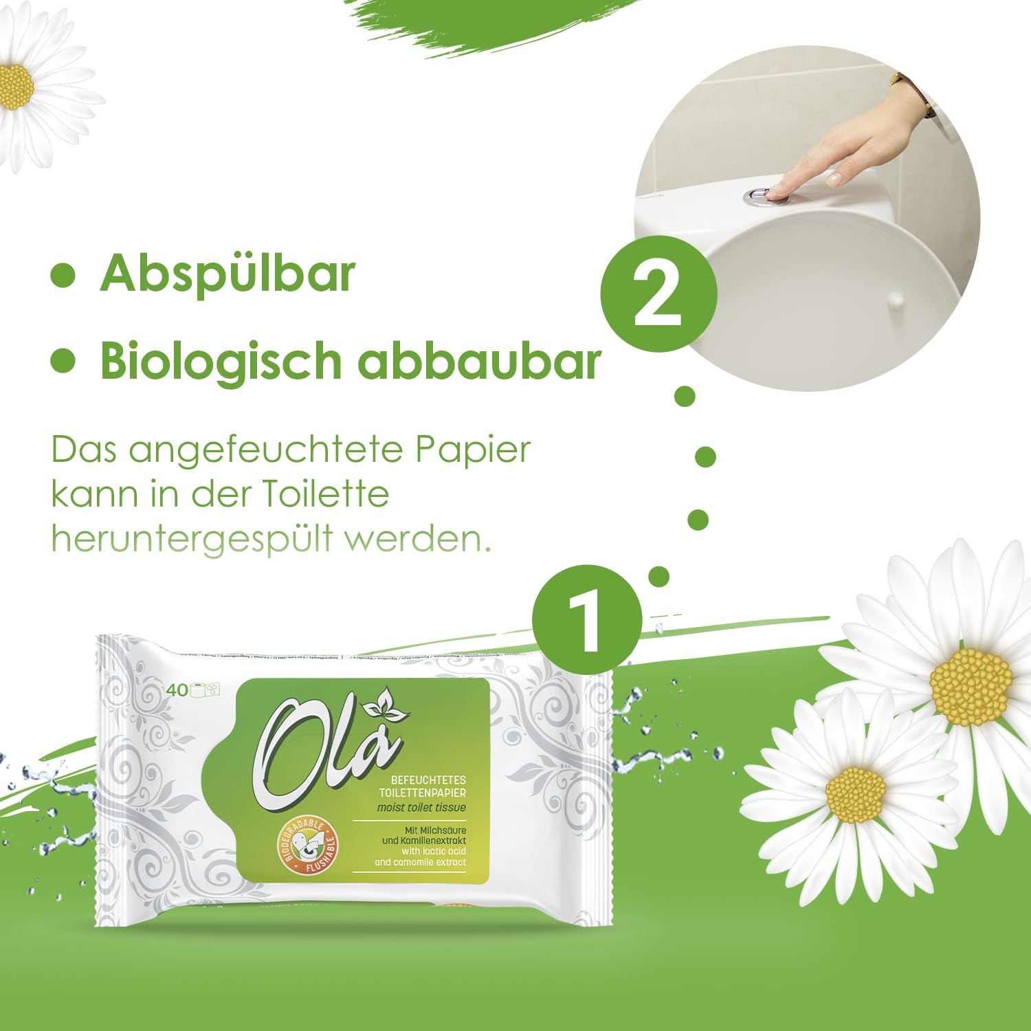 OLA hârtie igienică umedă - (1X40 bucăți) Șervețele umede - extract de mușețel și acid lactic, spălabile, piele sensibilă - 40 bucăți