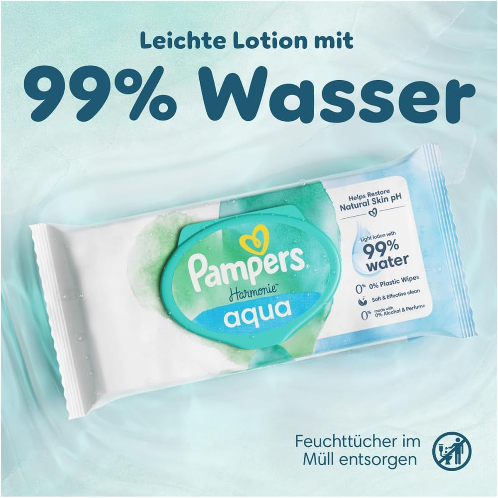 Șervețele umede Pampers Harmony Aqua, 15 pachete a câte 48 de șervețele fiecare - 720 de șervețele în total, ajutând la restabilirea echilibrului natural al pH-ului pielii, loțiune ușoară cu 99% apă