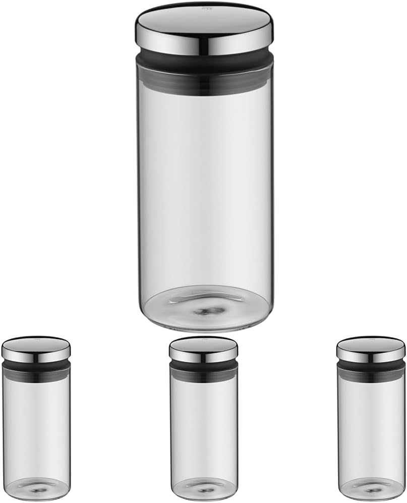 WMF Depot borcan de depozitare sticlă 1l, înălțime 21,5 cm, borcan de depozitare cu capac, recipient pentru boabe de cafea, borcan pentru cereale, borcan de depozitare a alimentelor cu deschidere mare de umplere (pachet de 4) Cutii depozitare alimente Naty Shop Singur 1 litru (pachet de 4)