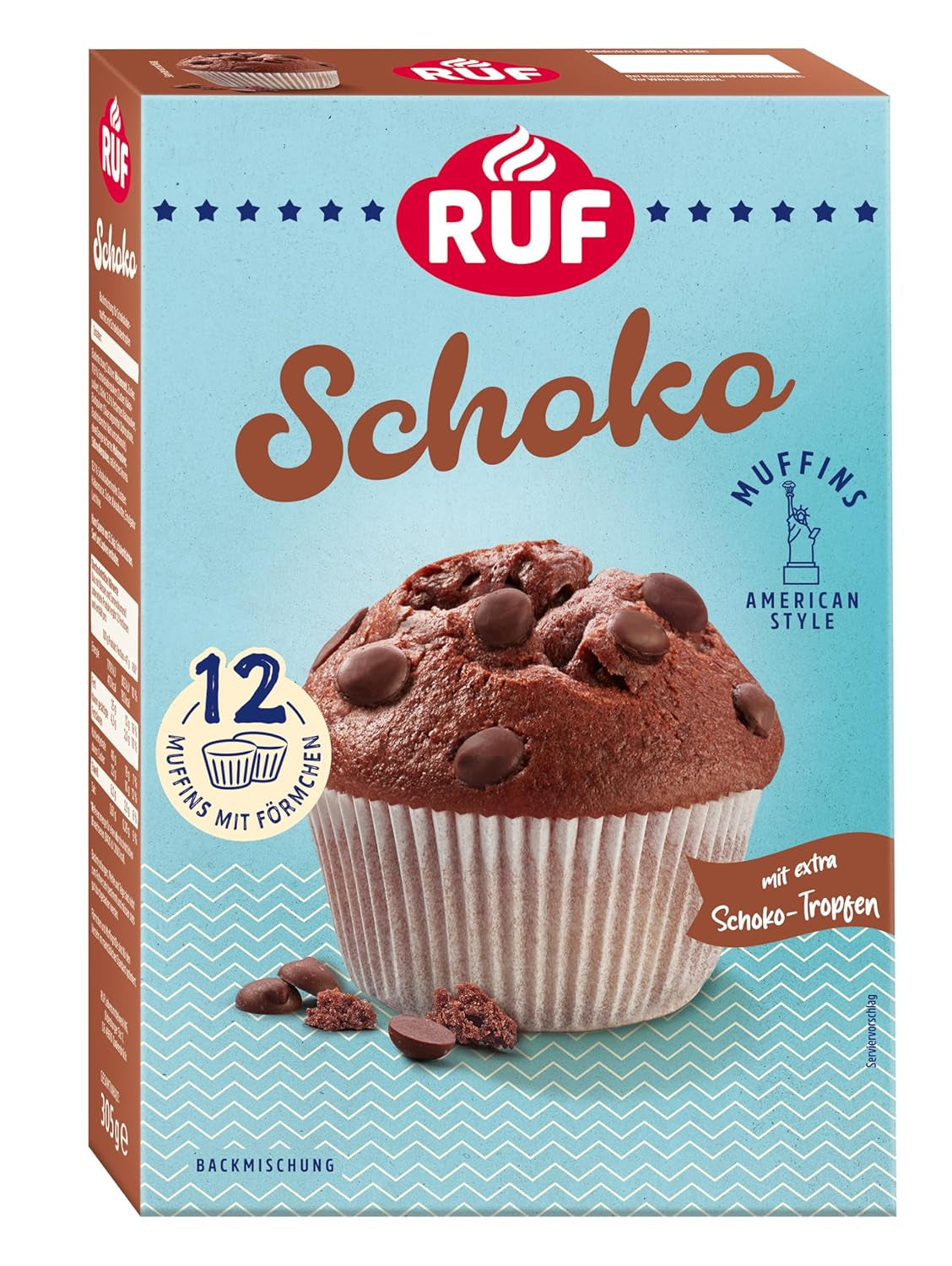 RUF Cheesecake-Muffins Backmischung, American Style Muffins Mit Cremiger Füllung, Einfache Zubereitung, 12 Muffin-Förmchen Inklusive Naty Shop Schoko 305 G (1 Er Pack)