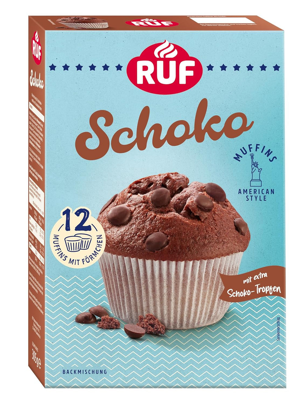 RUF Cheesecake-Muffins Backmischung, American Style Muffins Mit Cremiger Füllung, Einfache Zubereitung, 12 Muffin-Förmchen Inklusive Naty Shop Schoko 305 G (1 Er Pack)