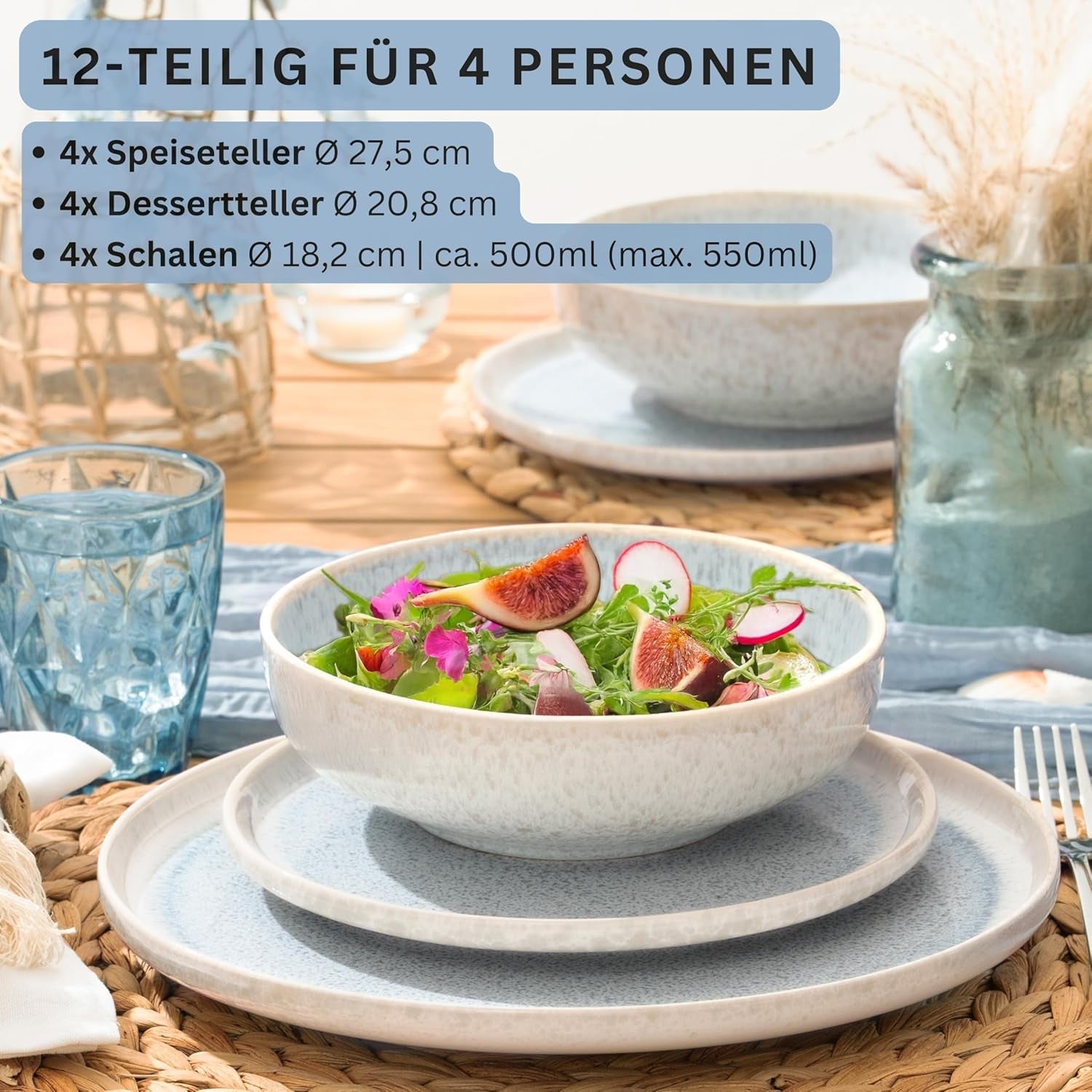 SÄNGER | Set de veselă Santorini cu 12 piese, set de farfurii pentru 4 persoane, evaluat FOARTE BUN, set de veselă din gresie, inclusiv farfurii de cină, farfurii de desert și farfurii de sumă, crem cu gradient liliac-albastru | COLECȚIA PREMIUM
