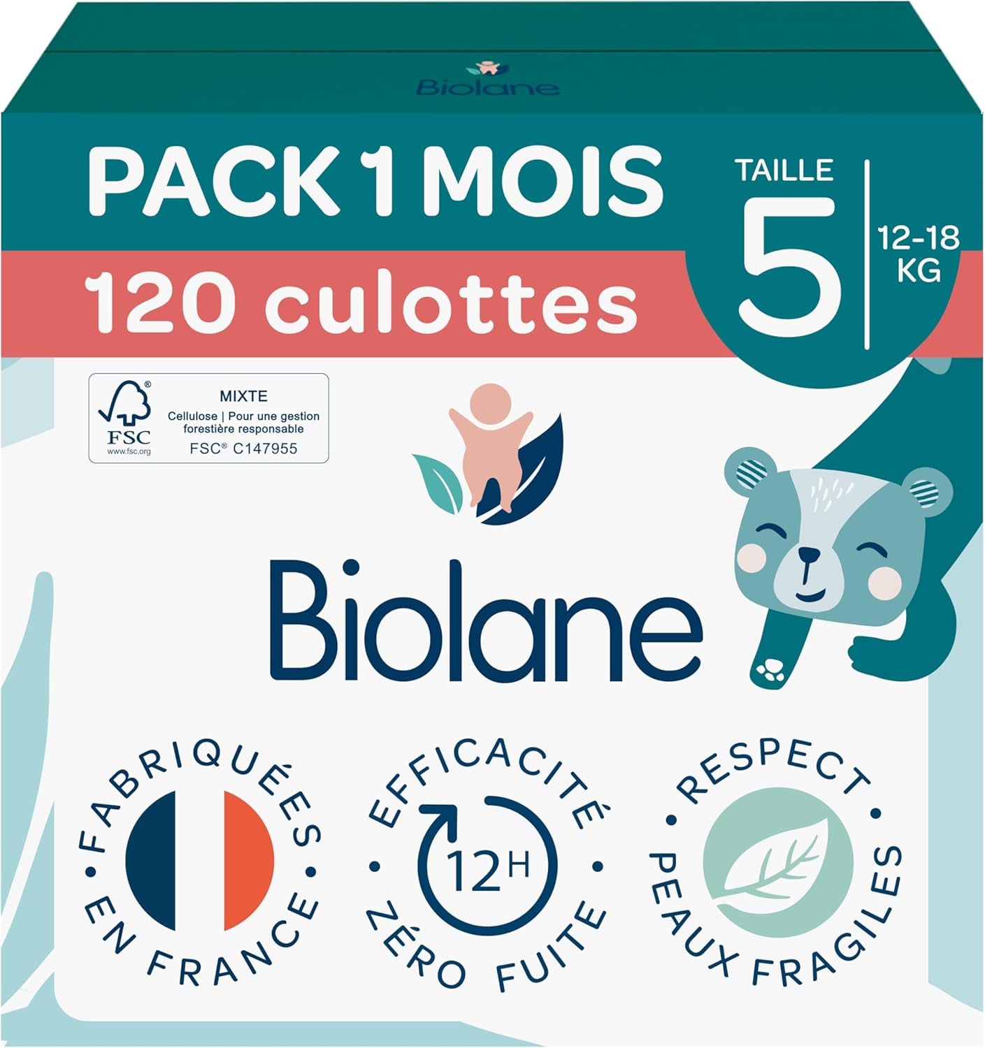 BIOLANE - Rövid pelenkák - 5-ös méret (12-18 kg) - 12 órás tömítés - 1 hónapos kiszerelés - 120 pelenka - ökológiai