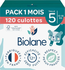 BIOLANE - Rövid pelenkák - 5-ös méret (12-18 kg) - 12 órás tömítés - 1 hónapos kiszerelés - 120 pelenka - ökológiai