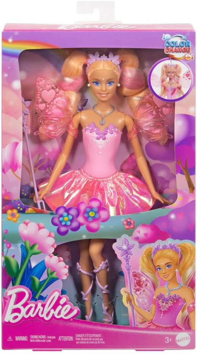 Păpușă Barbie Mattel cu baghetă magică și accesorii de modă, temă fantezie cu aripi și ținută care își schimbă culoarea, JCP76, [multicoloră]