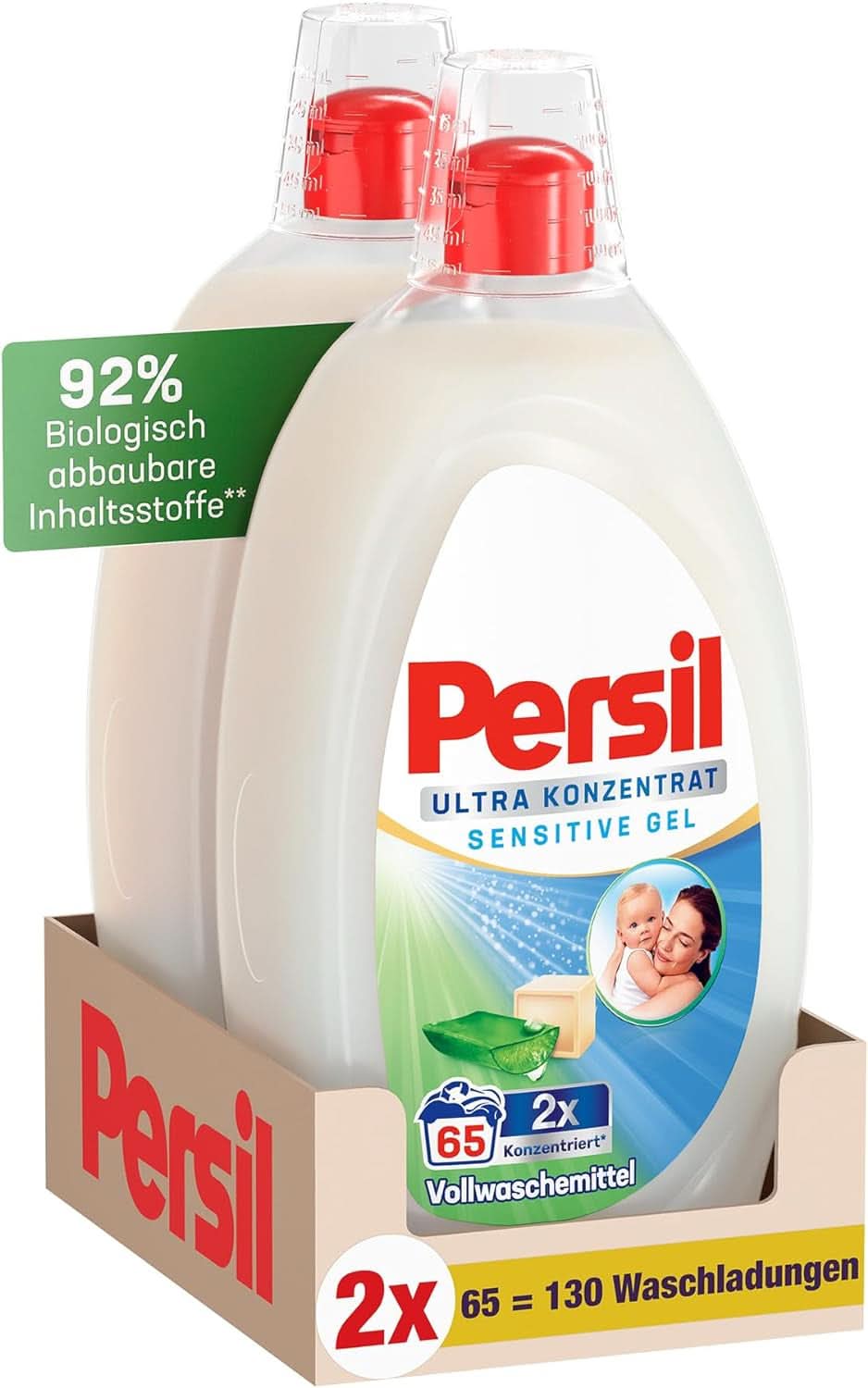 Persil Ultra Concentrate Sensitive Gel (130 mosás), Folyékony mosószer allergiáknak és babáknak kisebb üvegben, kevesebb műanyagért, Eltávolítja a nehéz foltokat, Bőrgyógyászatilag tesztelt Naty Shop mosószerek