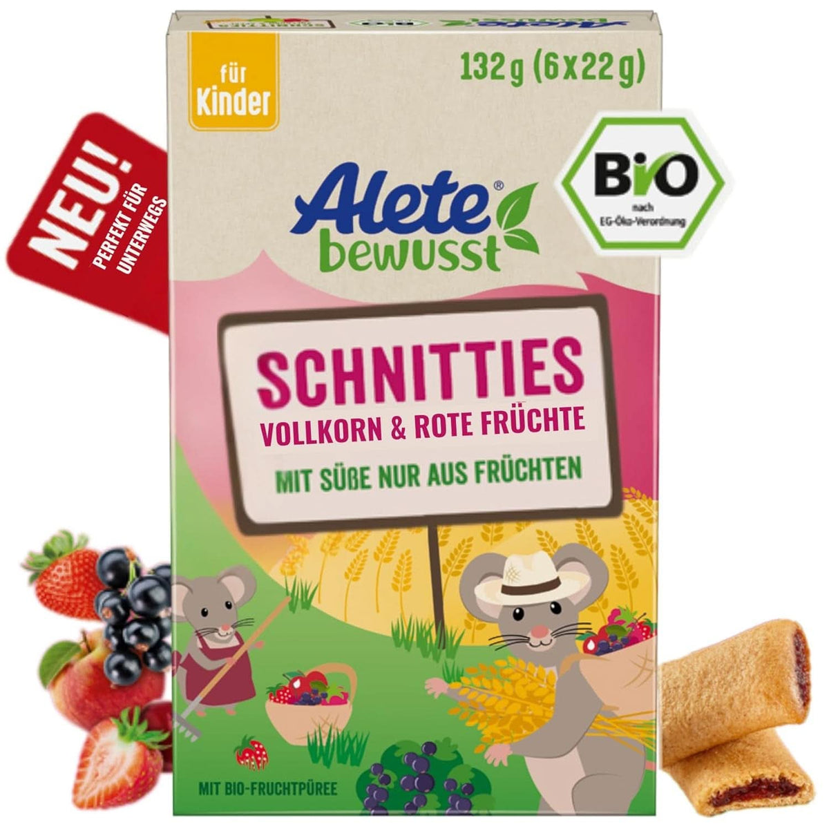 Alete Bio Schnitties, teljes kiőrlésű gabonák és piros gyümölcsök 6 x 22 g Mother and Child Naty Shop