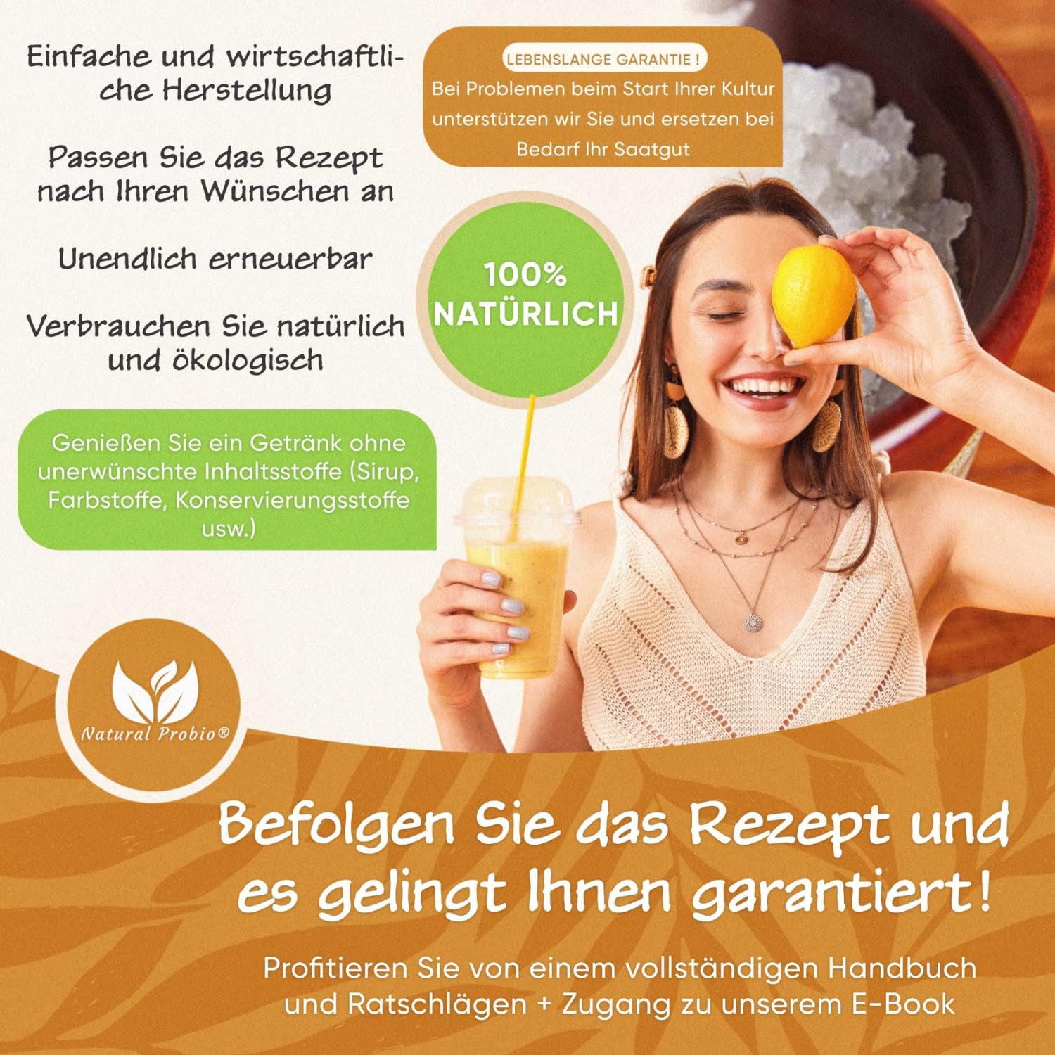 Natural Probio® Wasserkefir, Kefirpilz, Japankristalle, Kefirknollen, Starter Set + Anleitung, Rezept, Tipps, E-Book & Rezeptbibliothek + Kundenservice auf Lebenszeit (10g dehidratált/60g rehidratált)