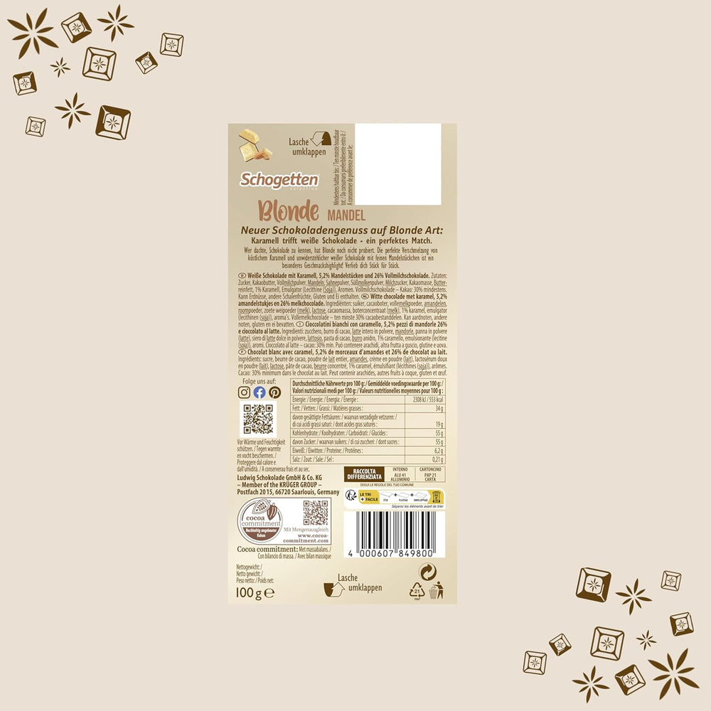 Schogetten Blonde Mandula | Fehér csokoládé karamellel és manduladarabokkal | 100 g | Kényelmesen adagolható (2 db-os csomag)