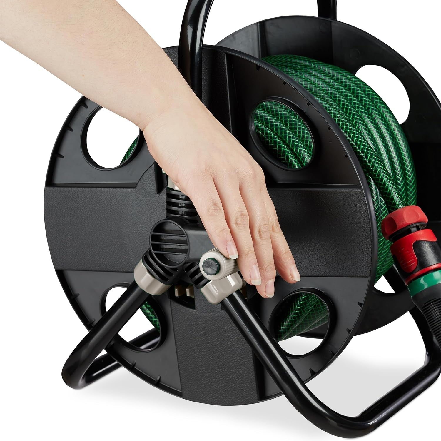 Rolă furtun Relaxdays, pentru furtun de 30 m 1/2", oțel, plastic, suport furtun, HL: 38 x 42 x 31 cm, negru-gri