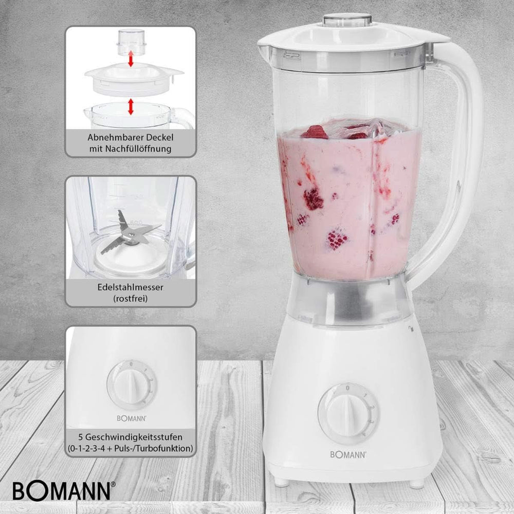 Bomann 378 CB univerzális keverő Zum Pürieren, Schlagen, Zerkleinern, Shaken Und Mixen, Ice Crush-Funktion, Kraftvoller 500 Watt-Motor, Abnehmbarer Mixbehälter Mit 1,5 Liter, Edelstahlmesser, Weiß Kitchen37ty8, CB UM