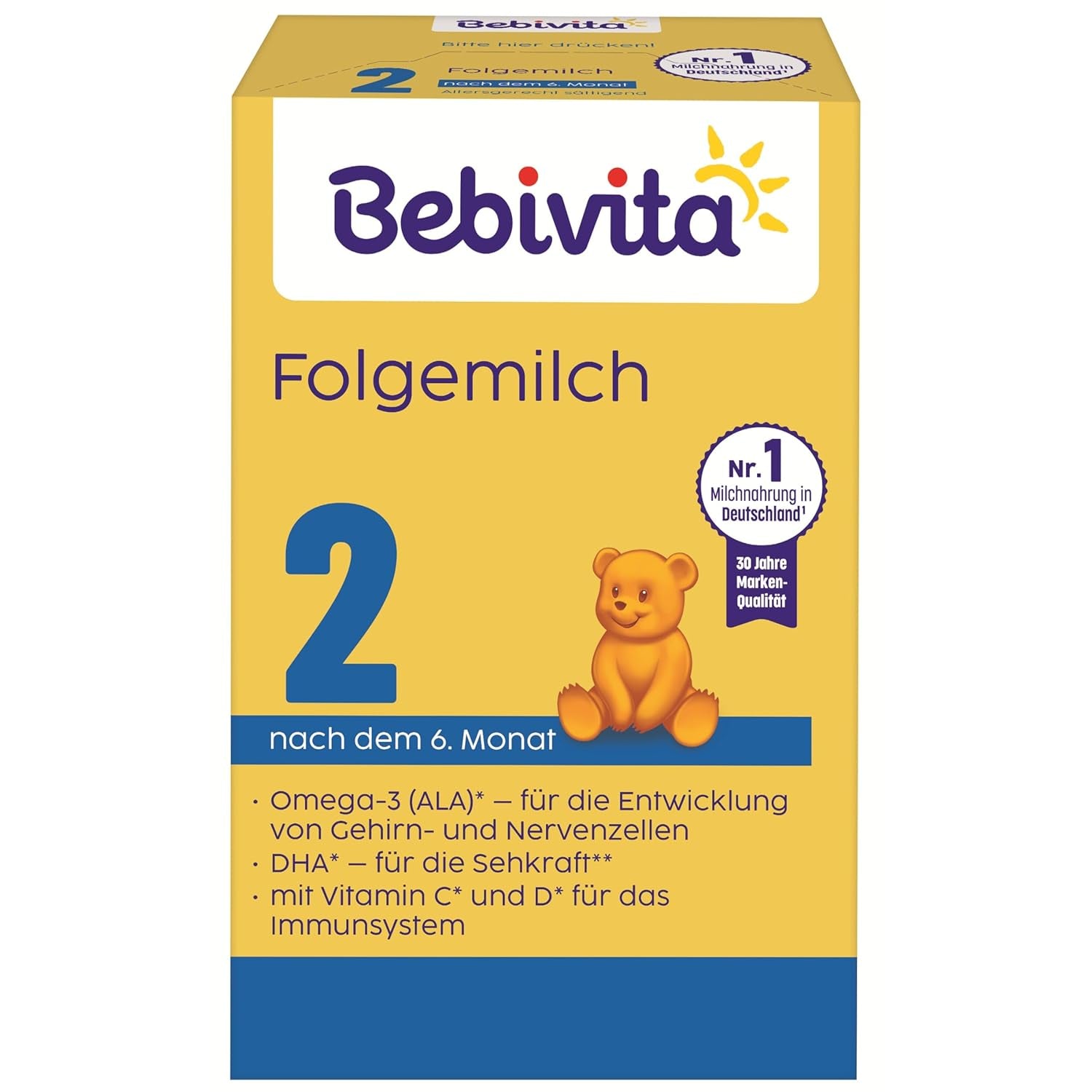 2 Folgemilch (4 x 500 g), nach dem 6. Monat, C- és D-vitaminnal, Omega-3-mal (DHA), más összetétellel