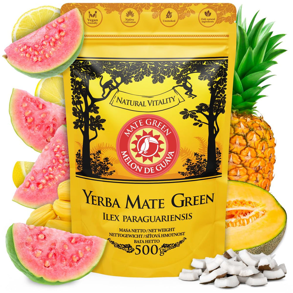 Yerba  Melon De Guava 500G – Ceai brazilian Yerba Mate cu pepene galben, guava, jackfruit, ananas și nucă de cocos - Exotic și fructat - Uscat la aer, vegan