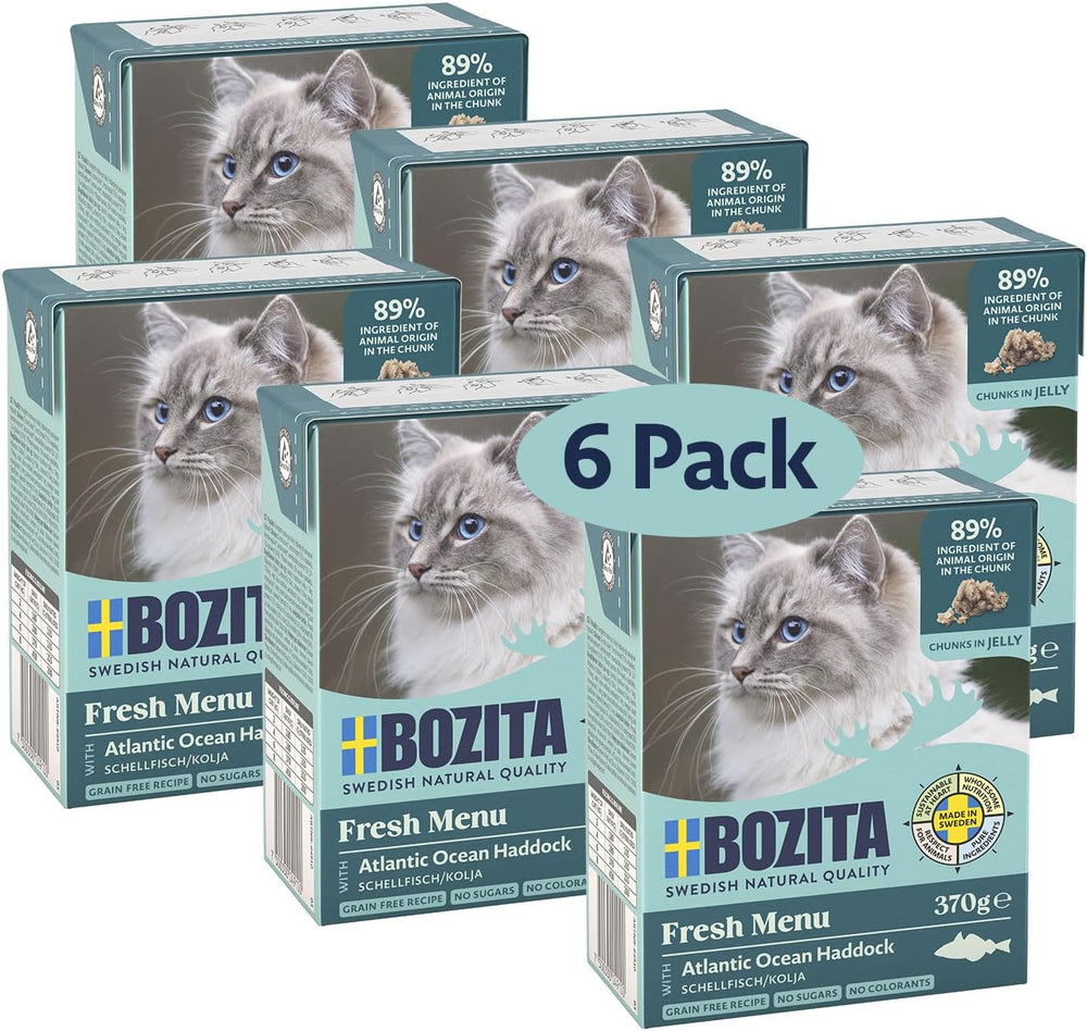 Hrană umedă Bozita Tetra cu eglefin în jeleu – 6 x 370 g hrană pentru pisici fără cereale, fără zahăr adăugat și fără OMG – echilibrată, delicioasă, cu 7,5% proteine și 5% grăsimi