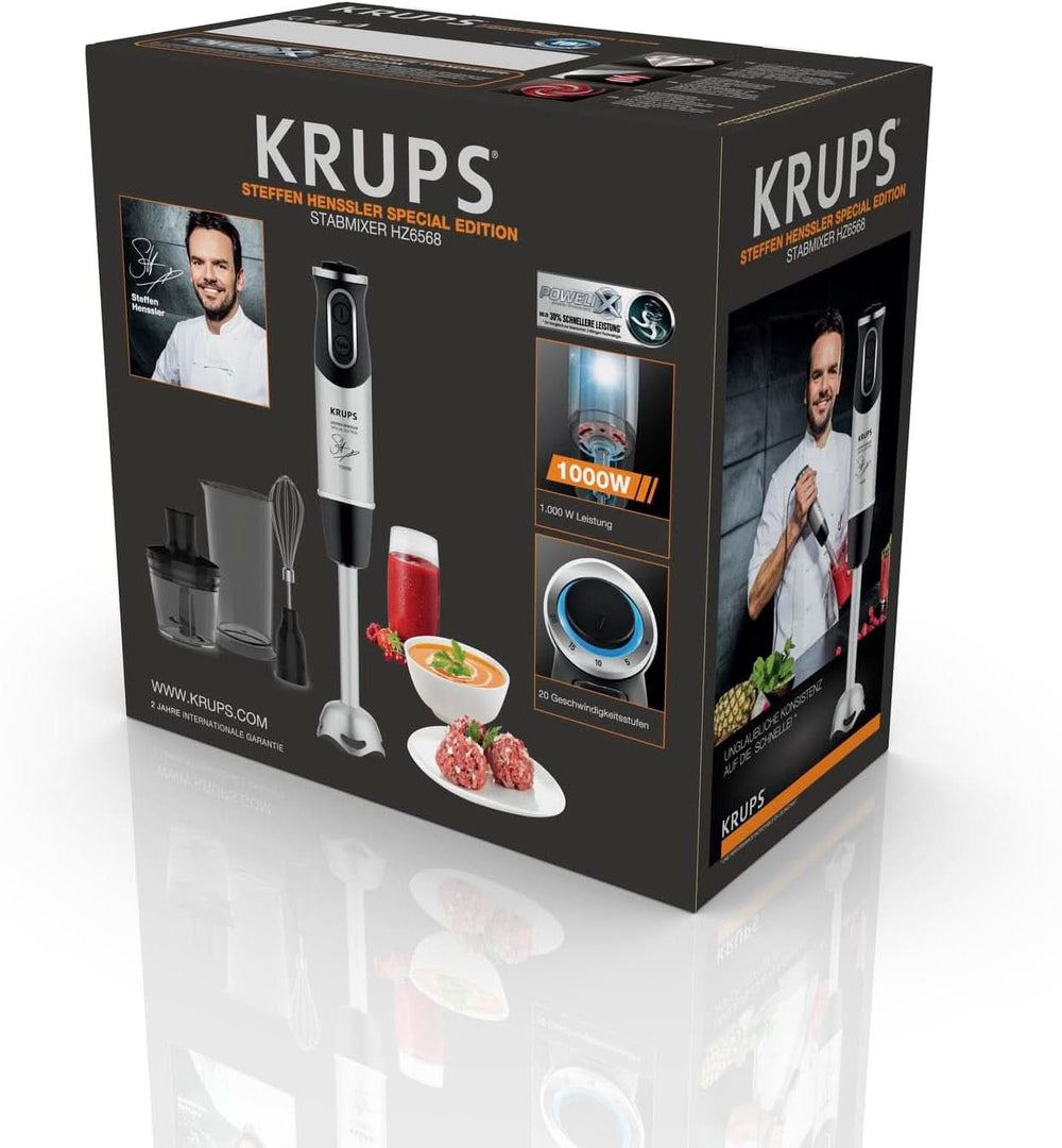 Krups Perfect Mix állványkeverő HZ6568 | Turmixgép | 1000 Watt | Edelstahlfuß | 4 Extra Scharfe Messer | Powelix Technologie | Schneebesen | 500 ml Zerkleiner | 800 ml Messbecher | Schwarz/Silber Kitchen Naty Shop