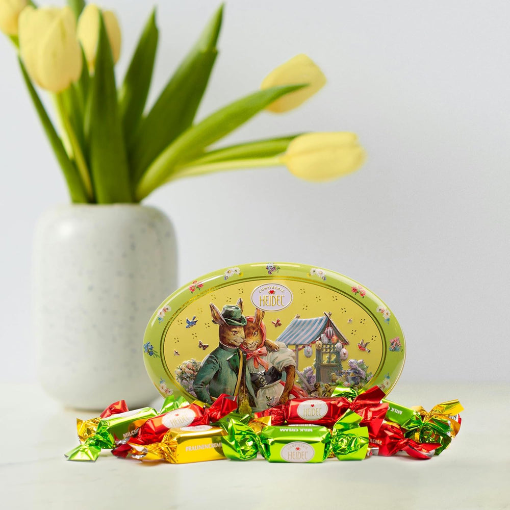 Heidel húsvéti kártya díszdoboz 183g, prémium tejcsokoládé praliné dekoratív fémdobozsal, ideális húsvéti ajándéknak