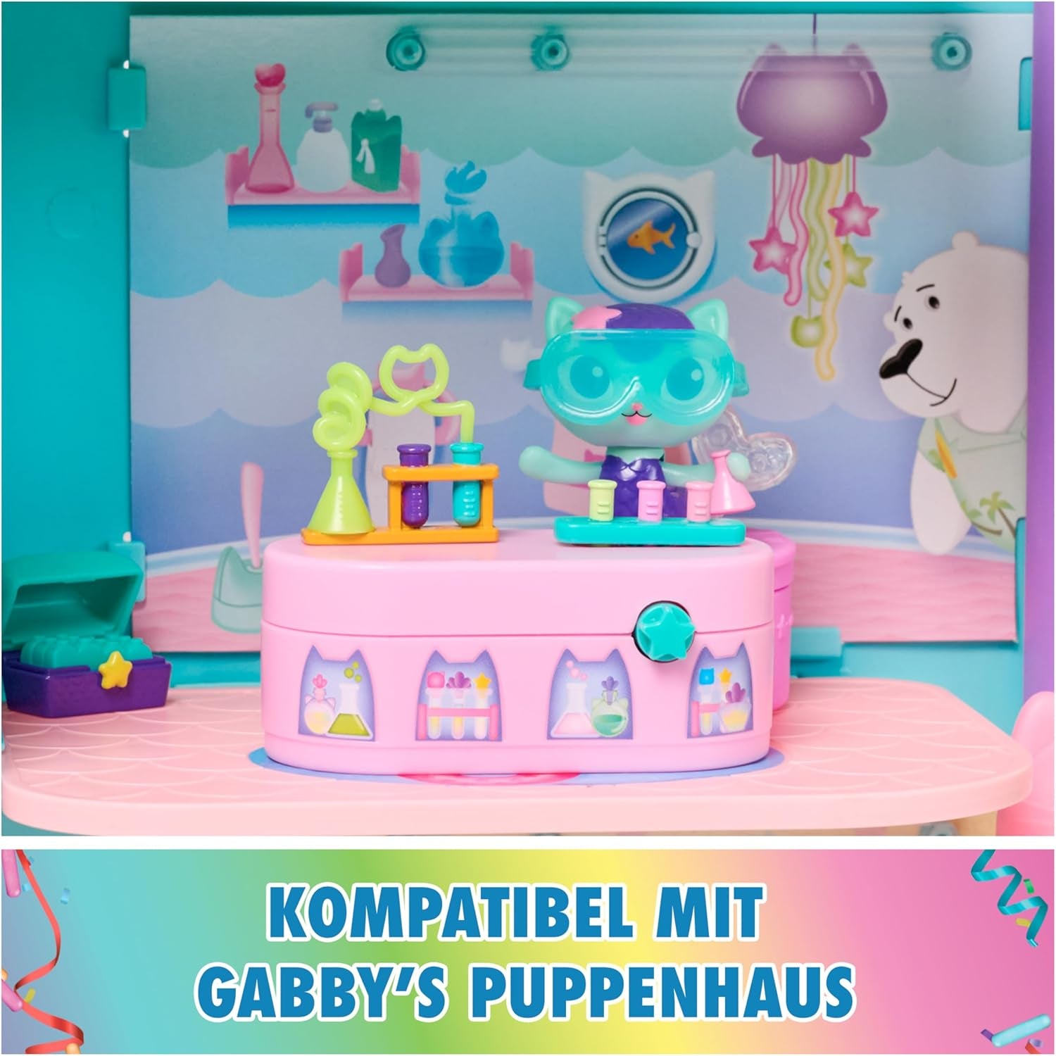 DREAMWORKS CASA DE PĂPUSI GABBY - Pachet de mobilier Bobble Kitty de Meerkätzchen, Figurină Pisică cu mobilier și accesorii pentru casă de păpuși, Vârste 3+