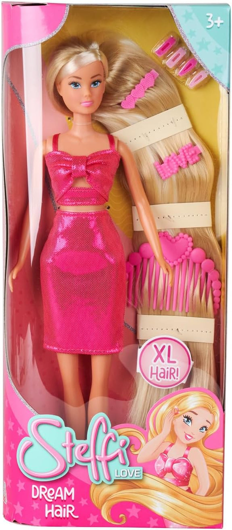 Simba Steffi Love Dream Hair – Ankleidepuppe mit extra Langen Haaren, inkl. Haarclips & Kamm, rózsaszín csillogó, 29 cm vastag, Frisierpuppe für Kinder ab 3 év