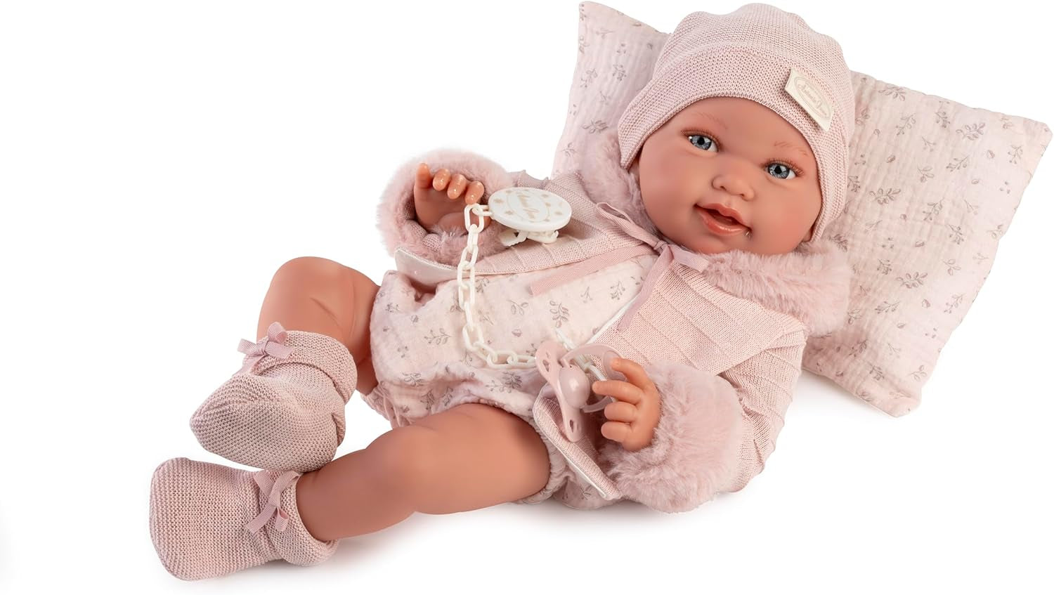 Antonio Juan Puppen für Neugeborne, Winterpfeife, valósághű Babypuppe, 42 cm, rózsaszín ruhákkal, cumival és párnával