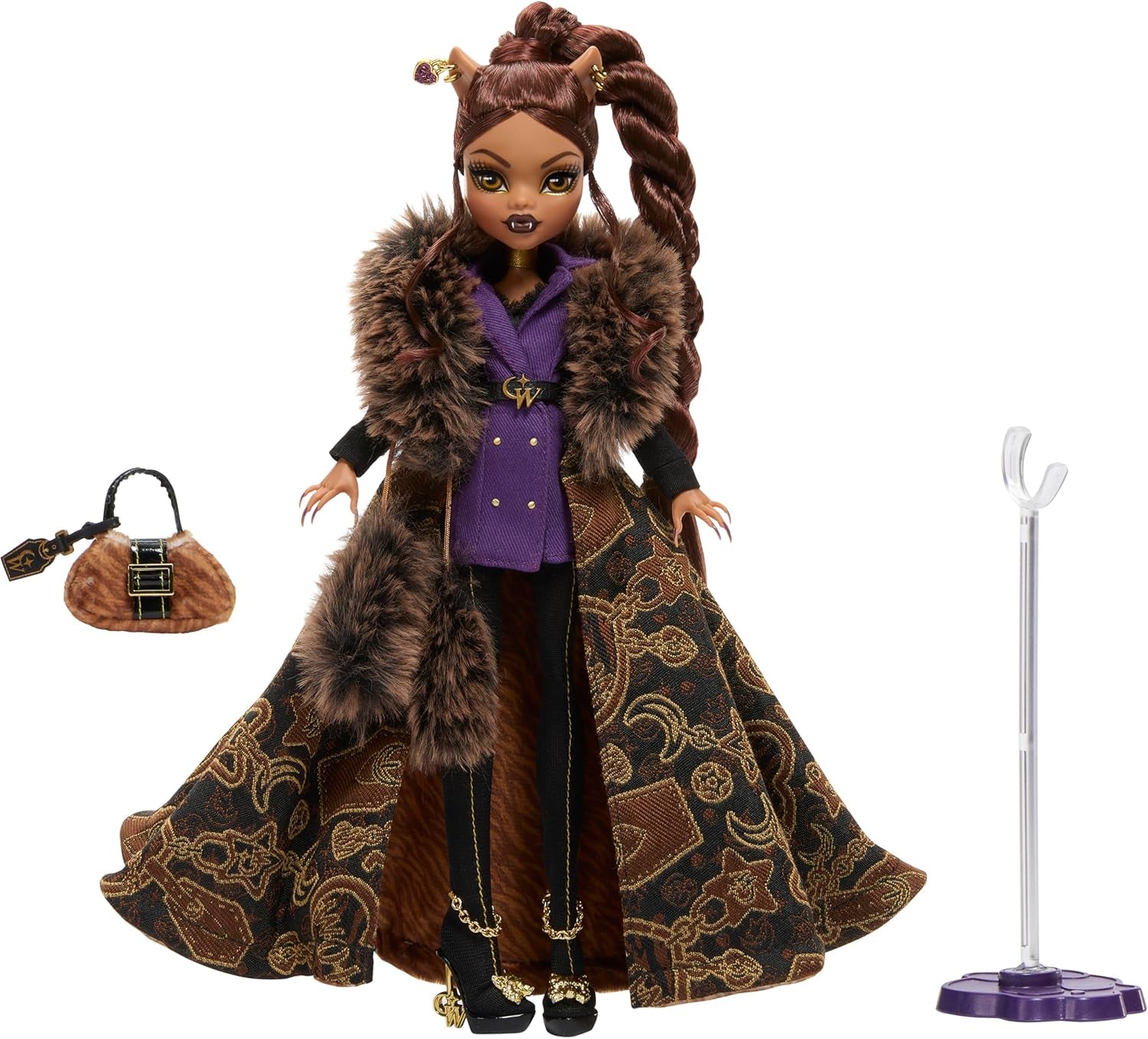 Monster High Puppe, Clawdeen Wolf House of Wolf Sammelfigur mit Kunstpelz-Jacquard-Mantel, violettem Blazerkleid, Pantaboots und goldenen Accessoires, JDR66