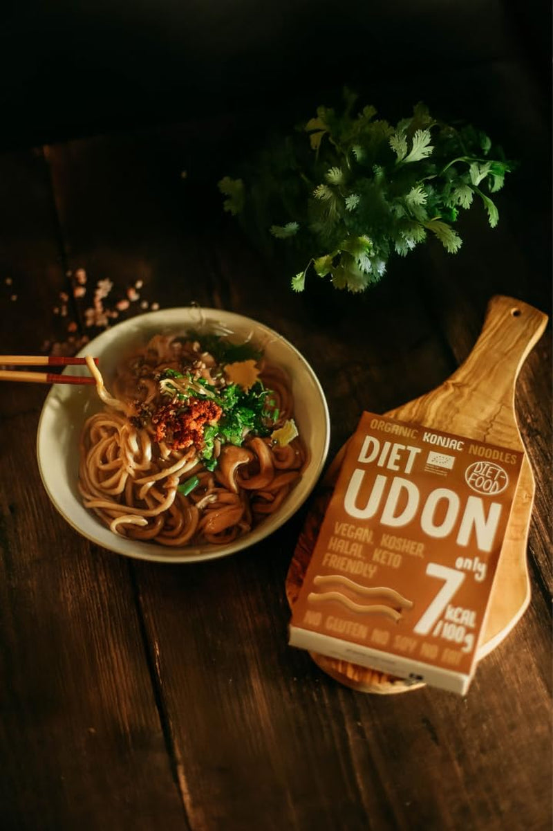 Udon Shirataki Konjac Noodles Bio 385g - Alacsony kalóriatartalmú, gluténmentes, vegán - konjac gyökérből készült, rostban gazdag DIÉTAÉTEL