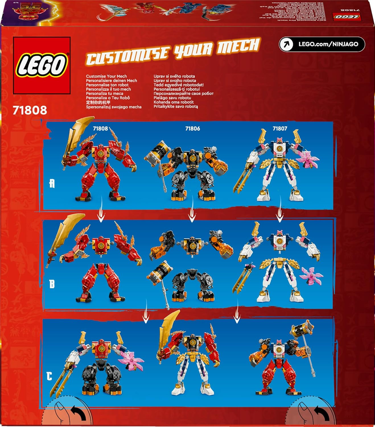 LEGO NINJAGO Kais Feuermech, Actionfiguren-Spielzeug für Kinder mit roter Mech-Figur zum Umgestalten, Ninja-Set mit 4 Figuren inkl. Kai és Zane, ajándék 7 éves fiúknak és lányoknak 71808